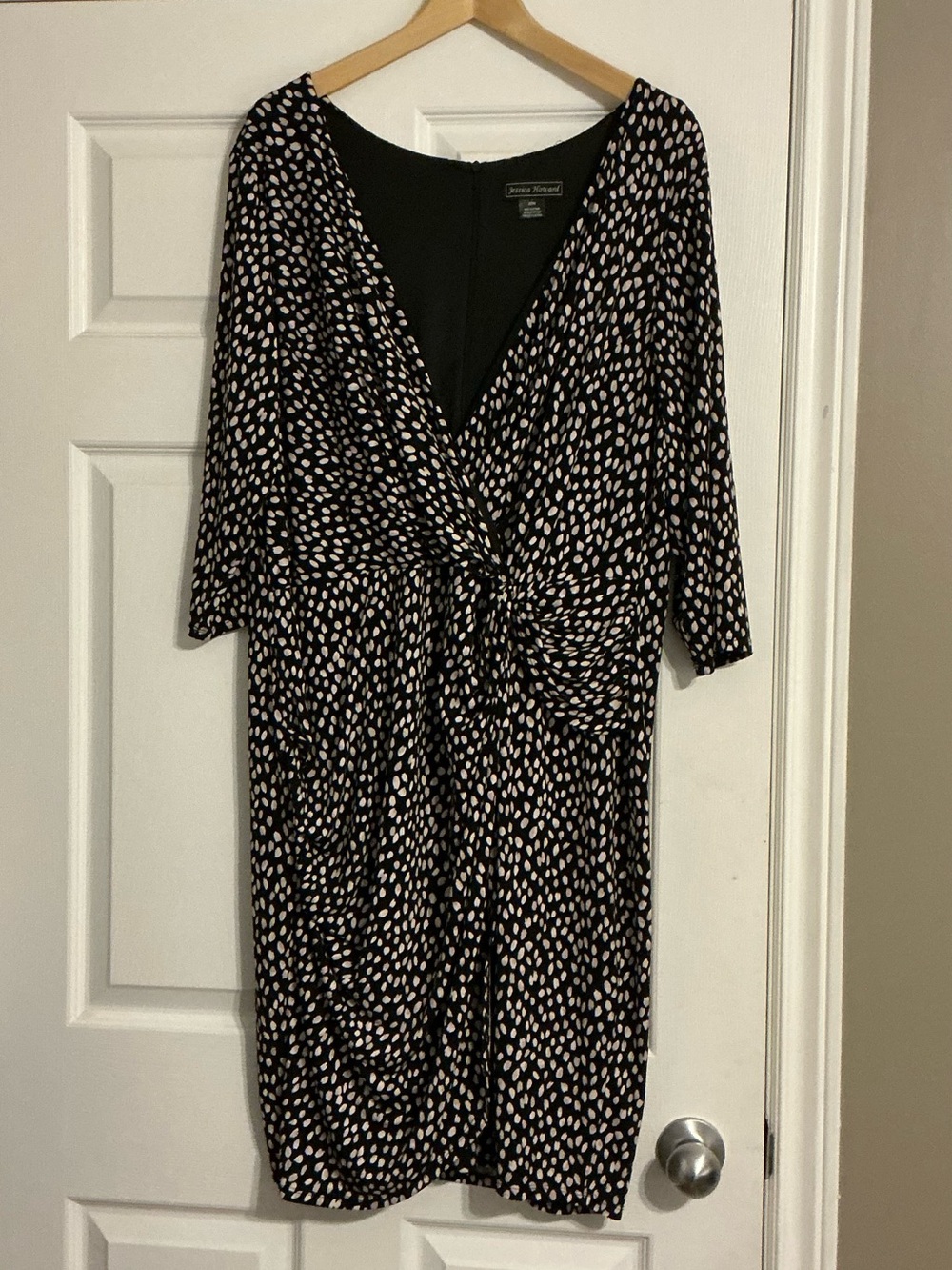 Jessica Howard Black, Taupe, & White Printed Faux Wrap Dress